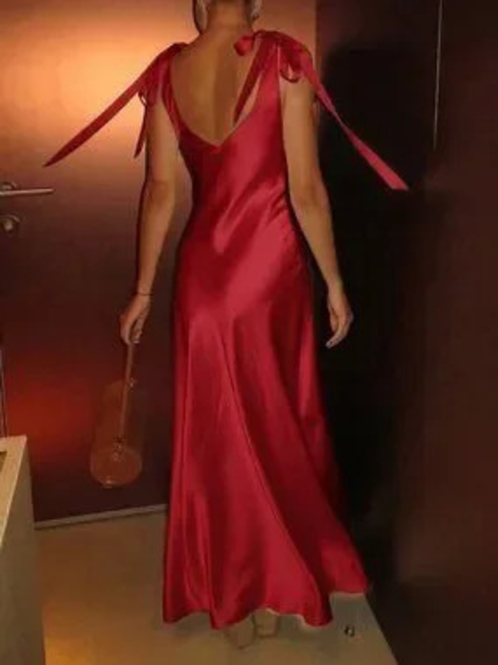ZARA Red Elegant Women's Satin Long Dress with Bow Tie Strap and Deep V?Neck